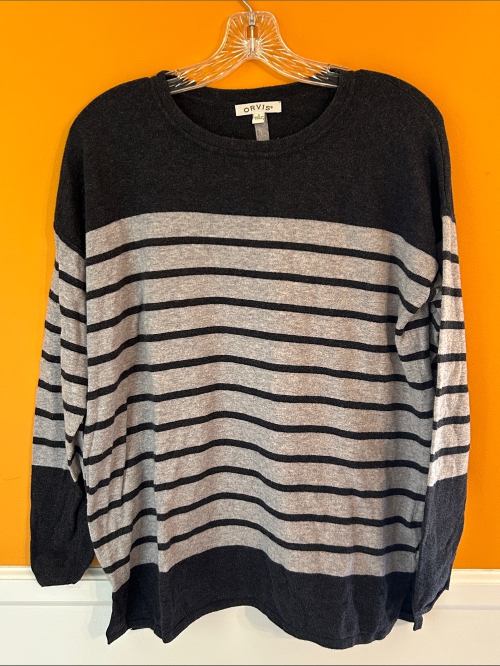 Orvis Black and Light Gray Striped Crewneck Sweater
